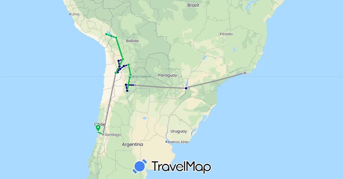 TravelMap itinerary: driving, bus, plane in Argentina, Bolivia, Brazil, Chile, Peru (South America)